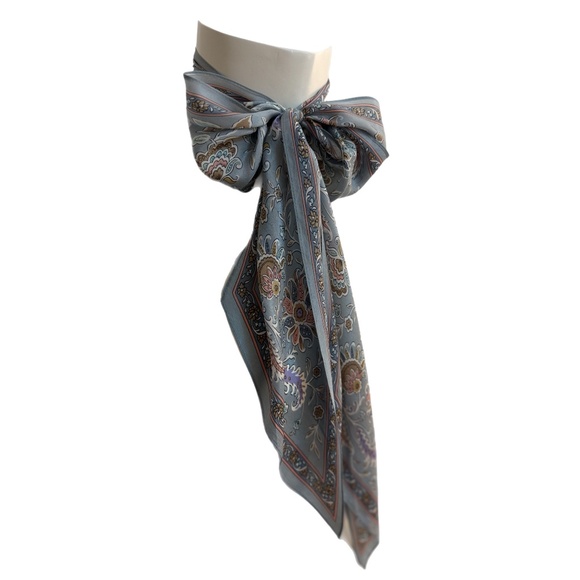 Liz Claiborne Japan 100% Silk Scarf 🇯🇵 – Dusty Blue Paisley Floral - Picture 7 of 11